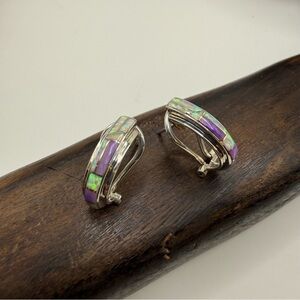 Sterling Silver and Purple/Green Opal Inlay Earrings Half Hoop Omega Backing